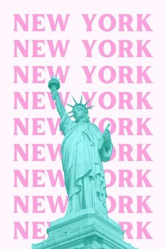 the statue of liberty is shown in pink and blue with new york on it's side