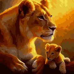 a lion and her cub are shown in this digital painting style image, which appears to be framed on canvas