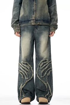 Denim Bottoms With Patches For Streetwear, Patchwork Grunge Jeans For Streetwear, Grunge Patchwork Jeans For Streetwear, Urban Cotton Jeans With Patches, Casual Straight Leg Jeans With Patches, Grunge Patchwork Denim Jeans, Patchwork Denim Cargo Jeans For Streetwear, Trendy Straight Leg Jeans With Patches, Straight Leg Bottoms With Patches For Streetwear