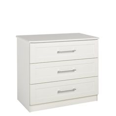 a white dresser with three drawers on it