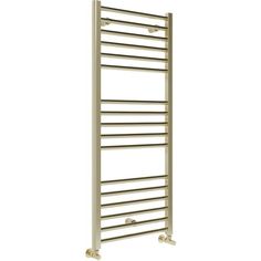 an electric towel warmer with wheels on the front and side rails, in gold finish