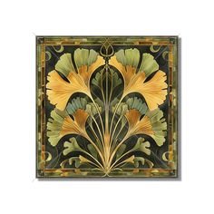 an art nouveau design with yellow flowers and green leaves on black, gold and white background