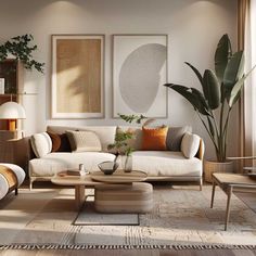 a living room filled with lots of furniture next to a plant and potted plants