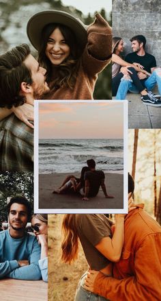 a collage of people sitting on the beach and one man holding his head in his hands