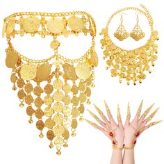 PRICES MAY VARY. Belly Dance Jewelry Set: the package comes with a gold dance veil, a pair of Gypsy Egyptian gold bracelet with finger nails, a belly dance coin necklace, and a pair of coin pendant earrings, the ideal set and boho style can meet your decoration needs Size Details: the total circumference of the gypsy face jewelry is about 61 cm/ 24 inches, the gold bracelet is about 20 cm/ 7.87 inches, the coin earring is about 6 cm/ 2.36 inches, and the gold necklace is about 50 cm/ 19.69 inche Princess Ahmanet, Belly Dancing Outfit, Dancing Outfit, Egyptian Gold, Belly Dance Accessories, Jewelry Set Gold, Face Jewelry, Halloween Dance, Belly Dance Jewelry