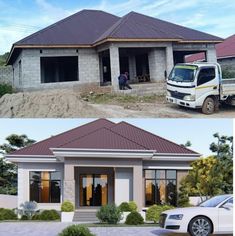 before and after pictures of a house being built in the middle of an empty lot