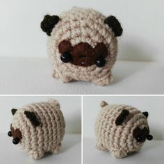 there is a crocheted stuffed animal that looks like a pug with black eyes