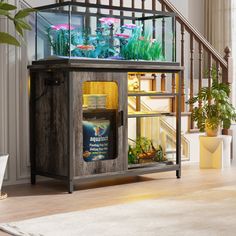 a fish tank in the middle of a living room with plants and other things inside