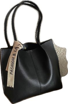 Bag For Love - Textured Shoulder Tote Bag  - Women Tote Bags Black Bucket Bag With Large Capacity, Black Large Capacity Bucket Bag, Trendy Black Soft Leather Bag, Black Square Bucket Bag, Black Soft Leather Square Hobo Bag, Black Faux Leather Bag For Daily Use, Black Faux Leather Shopping Bag, Black Faux Leather Satchel With Handles, Black Faux Leather Hobo Bag Tote