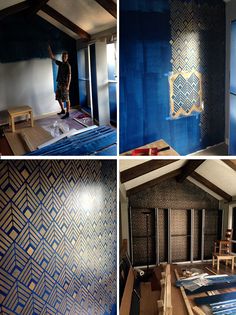 four pictures of different rooms with blue walls and wood flooring in the process of being painted