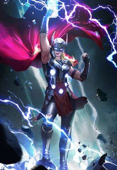 a woman dressed as thor is standing in front of some lightnings with her hands up