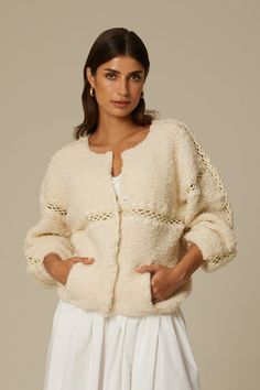 IRINA FURRY CARDIGAN JACKET IN CREAM – Santicler Luxury Elegant Textured Knit Outerwear, Luxury Cream Chunky Knit Outerwear, Elegant Cream Textured Knit Outerwear, Luxury Textured Knit Outerwear, Cream Hand-knitted Outerwear, Spring Cardigan, Cardigan Short, Spring Cardigans, Alpaca Cardigan