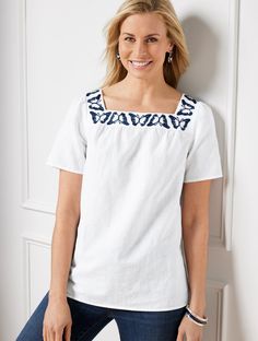 Classic style with a feminine twist. In a breezy blend of linen and cotton. With gorgeous butterfly embroidery at the elegant square neck. Simply perfection. Features Short Sleeve Square Neck Pullover Straight hem Imported Fit: Misses: 27"; Petite: 25 1/2"; Plus: 29 1/2"; Plus Petite: 28" Material: 55% Linen, 45% Cotton Care: Machine Wash Cold; Only Non-Chlorine Bleach When Needed; Tumble Dry Low; Cool Iron If Needed | Butterfly Embroidered Linen Cotton Square Neck Top Talbots Niki Taylor, Poplin Top, Butterfly Embroidery, Square Neck Top, Embroidered Linen, Women's Blouses, Classic Style Women, Flower Tops, Striped Tie