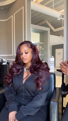 Half Up Half Down Hair Black Women Burgundy, Dearra Burgundy Hair, New York Hairstyles Black Women, Burgundy Hair Black Women Outfit, Hi Color Hair Dye, Burgundy Bundles On Black Women, Burgundy Red Sew In, Burgundy Hair Styles Ideas, Black Women Red Highlights