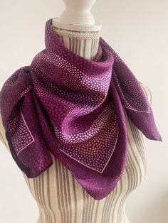 BUY 2 ITEMS GET 15% off at checkout   BUY 3 ITEMS GET 25% off at checkout  This is a beautiful  pure silk square neck scarf in shades of burgundy purple, lilac and baby pink. This silk neckerchief has a geometric print with weaves and dots. This vintage 80s pure silk scarf is made of silk fabric which has a lovely flow. This vintage silk scarf would make a great vintage gift for your mom, sister, best friend or wife.   Era: 80s Condition: overall beautiful vintage condition. The only thing I cou Luxury Purple Elegant Silk Scarf, Purple Silk Scarf, Purple Silk Shawl Scarf, Purple Bohemian Silk Shawl Scarf, Bohemian Purple Silk Shawl Scarf, Artistic Purple Silk Scarves, Silk Neck Scarf, Shades Of Burgundy, Lilac Pink