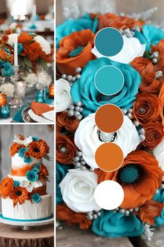 an orange and teal wedding color scheme with white, blue, and red flowers