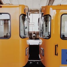 the doors are open to allow people to get on and off the subway train cars