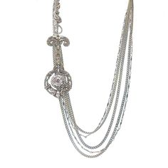 Multistrand Silver Chain Long Drop Tassle Necklace Cabachon Pendant-PETER LANG-Swag Designer Jewelry Luxury Silver Multi-strand Jewelry, Long Jeweled Chain Necklace, Luxury Crystal Embellished Metal Necklaces, Luxury Crystal Embellished Metal Necklace, Elegant Long Rhinestone Necklace, Elegant Long Necklace With Rhinestones, Silver Jeweled Round Necklaces, Silver Jeweled Round Necklace, Luxury Silver Multi-strand Necklace