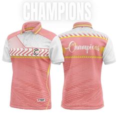 the front and back of a pink jersey that says champions on it, with yellow stripes