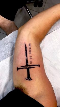 Calf Tattoo Men, Armband Tattoos For Men, Biblical Tattoos, Inner Bicep Tattoo, Ribcage Tattoo, Armband Tattoos, Small Forearm Tattoos, Cross Tattoo For Men, Writing Tattoos