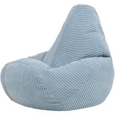 a blue bean bag chair sitting on top of a white floor