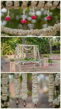 wedding decorations hanging in the air with flowers