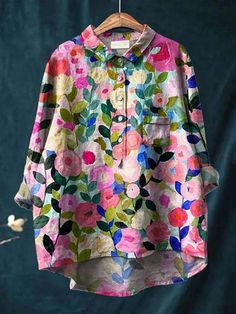 Multicolor Long Sleeve Relaxed Fit Blouse, Multicolor Print Long Sleeve Tops For Vacation, Multicolor Fall Vacation Shirt, Casual Long Sleeve Shirt With Colorful Pattern, Spring Bohemian Pink Shirt, Bohemian Pink Shirt For Spring, Casual Blouse With Plant Print, Relaxed Fit Multicolor Cotton Blouse, Colorful Pattern Long Sleeve Blouse For Spring