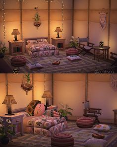 two pictures of a living room with couches and lamps on the walls, one is pink