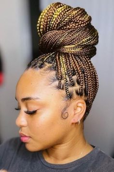 Recent Hairstyles Braids, Small Knotless Box Braids Updo, Medium Knotless Braids In A Bun, Braids With Updo Hairstyles, Knotless Box Braid Bun, Black Women Braided Updo Hairstyles, Braided Updo Styles For Black Women, Med Lemonade Braids, Updo Knotless Braids For Black Hair