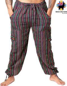 PRODUCT DESCRIPTION Unique and stylish boho pants. It was handmade by Ecuadorian artisans using the foot-treadle loom technique. The waist comes with a drawstring elastic feature, so you can stay comfortable for hours. These pants are a great choice for activities such as yoga, Pilates, or just stay-at-home activities. ITEM DESCRIPTION *Handmade *75% acrylic and 25% cotton *Drawstring in the waist *Front Pockets *High waisted pants CARE INSTRUCTION *Hand wash OR machine wash in cold water *Use r Bohemian Harem Pants With Pockets For Vacation, Casual Boho Print Pants For Festivals, Casual Boho Print Festival Pants, Casual Green Boho Print Bottoms, Casual Cotton Harem Pants With Boho Print, Bohemian Pants With Pockets For Festivals, Bohemian Relaxed Fit Harem Pants, Multicolor Bohemian Pants With Relaxed Fit, Bohemian Festival Relaxed Fit Pants