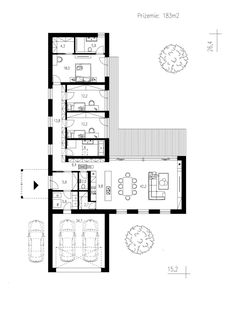 the floor plan for a modern house with two levels and three living areas, including one bedroom