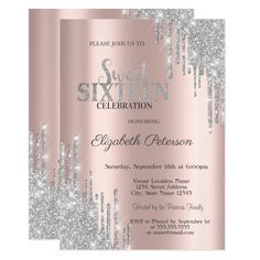 an elegant pink and silver birthday party card with glitter on the front, side and back