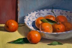 a painting of oranges in a bowl on a table