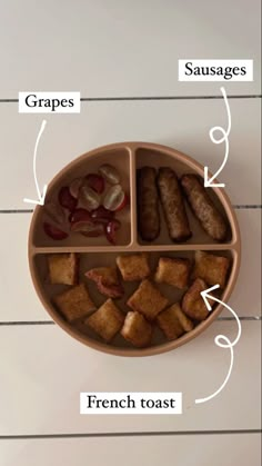 an image of a plate with food labeled in english and french words, including grapes, sausages, cranberries, bread