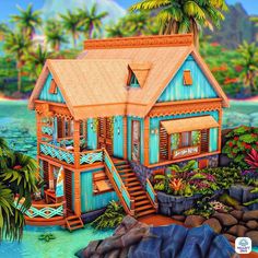 a painting of a house on the beach with stairs leading up to it's second floor