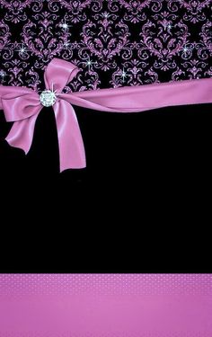 a pink ribbon and bow on a black background with silver stars in the corner,