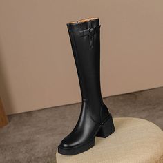 Add a touch of drama to your look with our block heel knee high boots! These stylish boots are made from black leather and are lightweight for all-day comfort. The chunky block heel adds a touch of height. while the knee-high design makes these boots perfect for pairing with skirts and dresses.  <stron... Black Faux Leather Knee-high Boots, Trendy Knee-high Boots With Round Toe For Office, Trendy Office Knee-high Boots With Round Toe, Black Wide Calf Knee-high Boots With Square Toe, Black Knee-high Wide Calf Boots With Square Toe, Black Square Toe Wide Calf Knee-high Boots, Black Square Toe Knee-high Boots With Wide Calf, Black Knee-high Boots With Square Toe, Tall Black Knee-high Boots With Square Toe