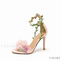 Lasaky - Pink Garden Dream High Heels with Snow Chiffon Flower and Vine Straps Wedding Shoes Floral High Heels, Pink Wedding Shoes, Flower Heels, Heels Patterns, Modern Sandals, Dream High, Chiffon Flower, Floral Sandals, Floral Heels