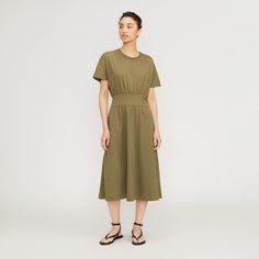 The Organic Cotton Waisted Dress Kalamata – Everlane Casual Crew Neck Midi Dress For Daywear, Casual Knee-length Midi Dress With Elastic Waistband, Casual Midi Dress With Gathered Waist For Daywear, Casual Dress With Banded Waist For Spring, Casual Spring Dress With Banded Waist, Casual Spring Dresses With Banded Waist, Crew Neck Cotton Midi Dress For Summer, Cotton Crew Neck Midi Dress For Summer, Summer Cotton Midi Dress With Crew Neck