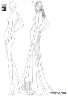 a drawing of two women in evening gowns, one is standing and the other is sitting