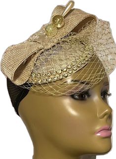 Adjustable Beige Costume Hats For Party, Adjustable Beige Mini Hat For Party, Elegant Hats For Vintage Events, Glamorous Fitted Wedding Headpiece, Adjustable Gatsby Style Headpieces For Church, Elegant Adjustable Fascinator For Church, Adjustable Elegant Fascinator For Church, Elegant Sinamay Headpieces For Party, Vintage Gold Costume Hat For Weddings