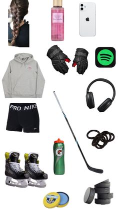 an assortment of sports gear including gloves, headphones and water bottle is shown in this image