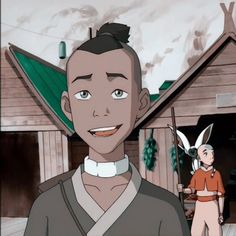 an animated image of a man standing in front of a house with two bunnies on his head