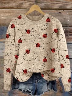 Flying Ladybugs Embroidery Pattern Cozy Knit Sweater Cowgirl Dresses, Cozy Knit Sweater, Cute Embroidery, Linen Style, Cozy Knit, Floral Pants, Handmade Boho, Embroidery Pattern, Dress Suits