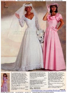 two women in wedding gowns posing for a magazine page with the caption that says,