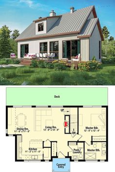 the floor plan for a small house with two levels and an open living area on one level