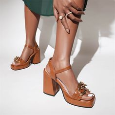 Shop Brown Chain Embellished Ankle Strap Platform Sandals Chunky High Heels color Brown for Dancing Club, Date, Going out, Party with worldwide Free shipping & Free return. Chain Heels, Jumpsuits Outfit, Dancing Club, Sandals Chunky, Chunky Heel Sandals, Womens Footwear, Sale Clothes, Summer Heels, Boots Accessories