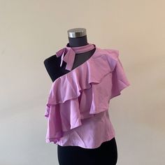 New Without Tags One Shoulder Ruffles Top Size L 97% Polyester 3% Spandex Feminine Stretch Blouse With Ruffles, Trendy Stretch Blouse With Ruffles, Feminine Ruffled Blouse For Night Out, Feminine Blouse With Ruffles For A Night Out, Ruffled Blouse For Night Out In Spring, Spring Blouse With Ruffles For Night Out, Stretch Blouse With Ruffles For Spring, Feminine Purple Blouse With Ruffles, Purple Ruffled Blouse For Spring