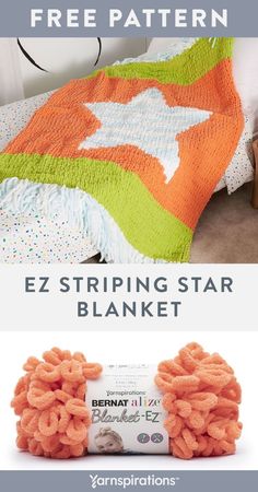 an orange and green blanket with the words ez striping star blanket next to it