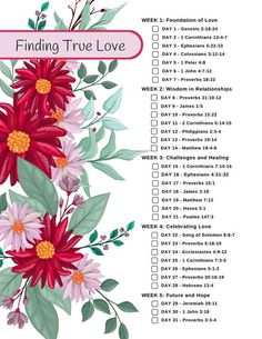 a list for finding true love with red flowers and green leaves on the bottom right hand corner